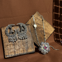 6 in One Oxidised Silver Set – Jhumka, Bracelet, Necklace + 3 Surprises - Kridha