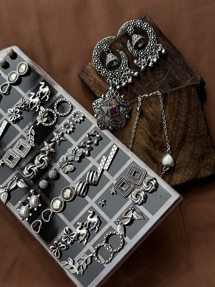 6 in One Oxidised Silver Set – Jhumka, Bracelet, Necklace + 3 Surprises - Kridha