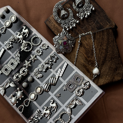 6 in One Oxidised Silver Set – Jhumka, Bracelet, Necklace + 3 Surprises - Kridha