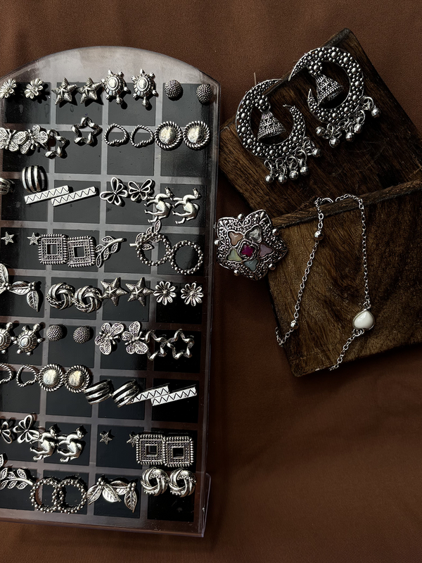 6 in One Oxidised Silver Set – Jhumka, Bracelet, Necklace + 3 Surprises - Kridha