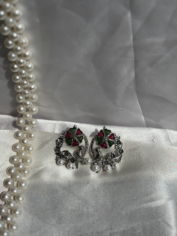 Peacock Bloom Oxidized Silver Earrings - Kridha