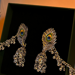 Peacock Chandbali Oxidized Silver Jhumka Earrings