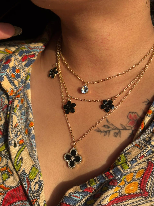 Golden Black Floral Layered Pendant Necklace