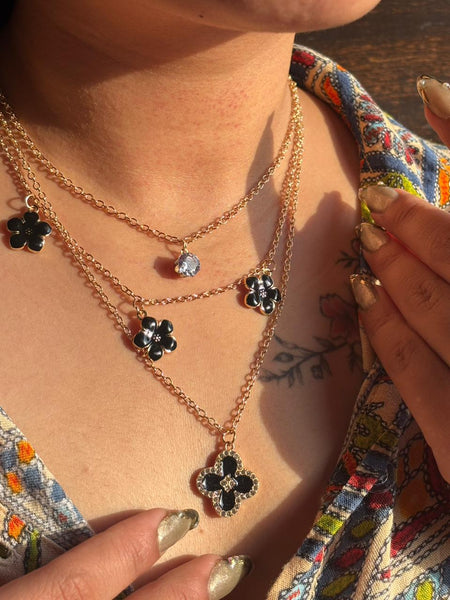 Golden Black Floral Layered Pendant Necklace