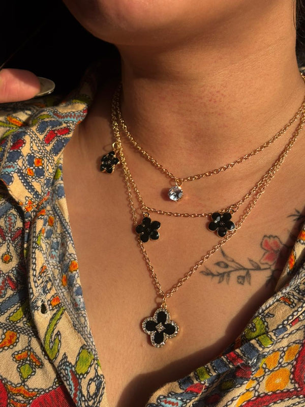 Golden Black Floral Layered Pendant Necklace