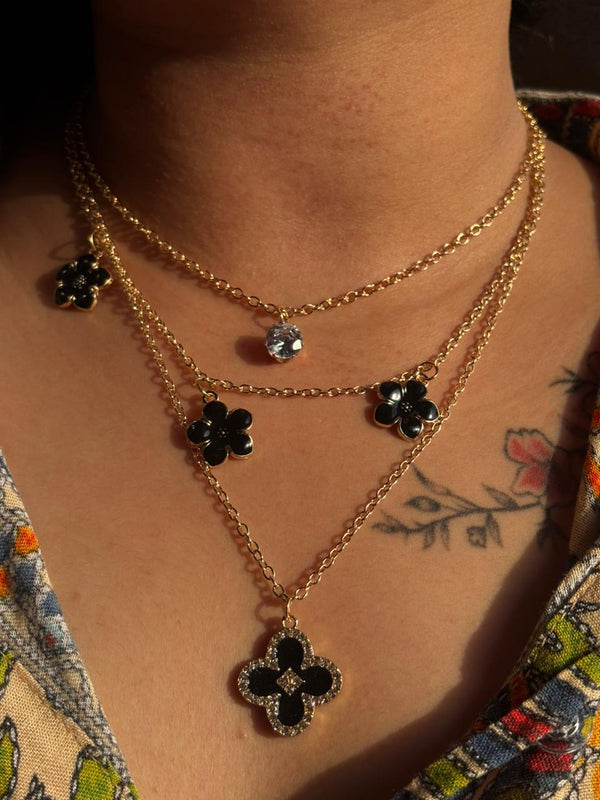 Golden Black Floral Layered Pendant Necklace