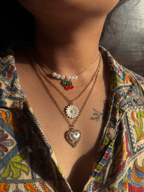 Golden Cherry Pearl Layered Pendant Necklace