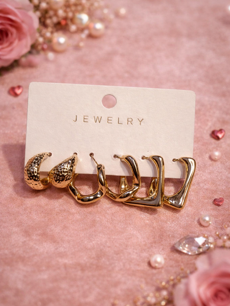 Golden Chunky Hoop Earrings Combo Set (3 Pairs)