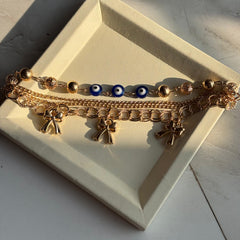 Golden Evil Eye Bow Charm Layered Bracelet