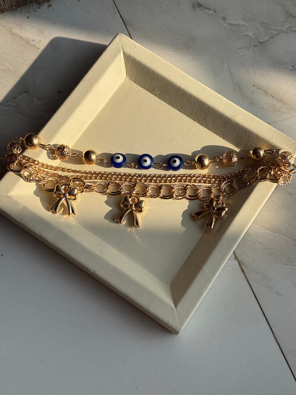 Golden Evil Eye Bow Charm Layered Bracelet