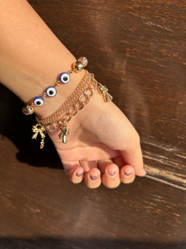 Golden Evil Eye Bow Charm Layered Bracelet