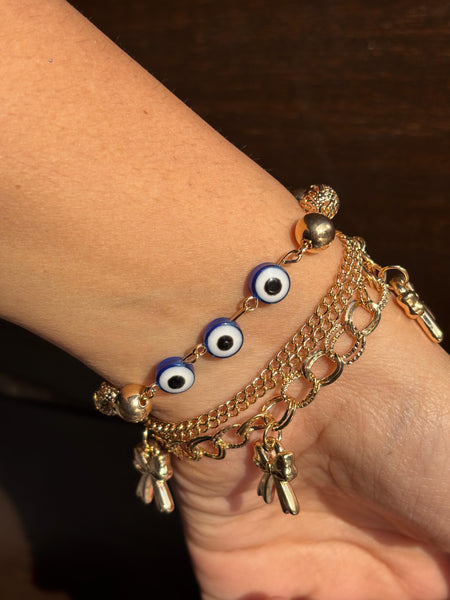 Golden Evil Eye Bow Charm Layered Bracelet