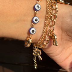 Golden Evil Eye Bow Charm Layered Bracelet
