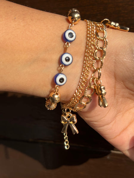 Golden Evil Eye Bow Charm Layered Bracelet