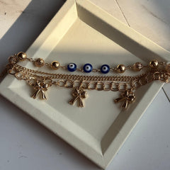 Golden Evil Eye Bow Charm Layered Bracelet