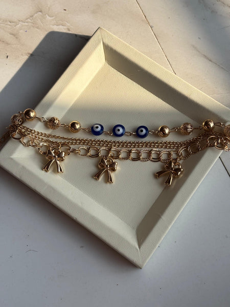 Golden Evil Eye Bow Charm Layered Bracelet