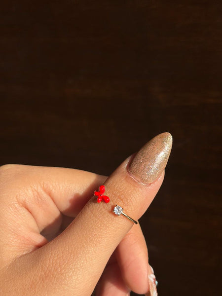 Golden Red Butterfly Crystal Adjustable Ring