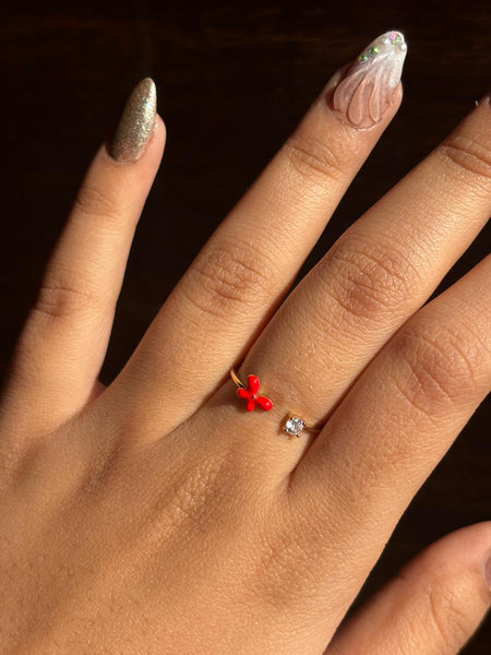 Golden Red Butterfly Crystal Adjustable Ring