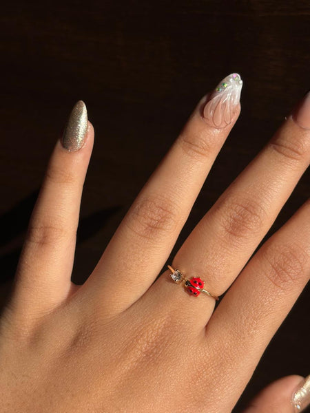 Golden Ladybug Crystal Adjustable Ring