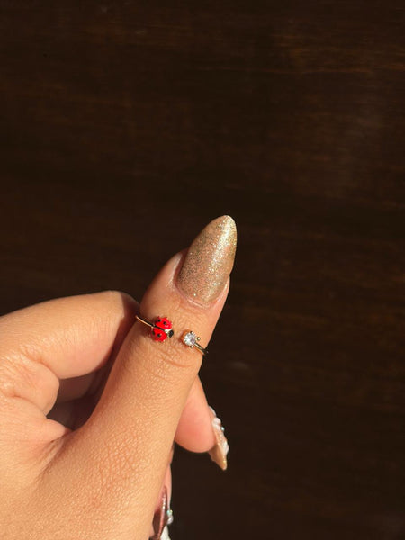 Golden Ladybug Crystal Adjustable Ring