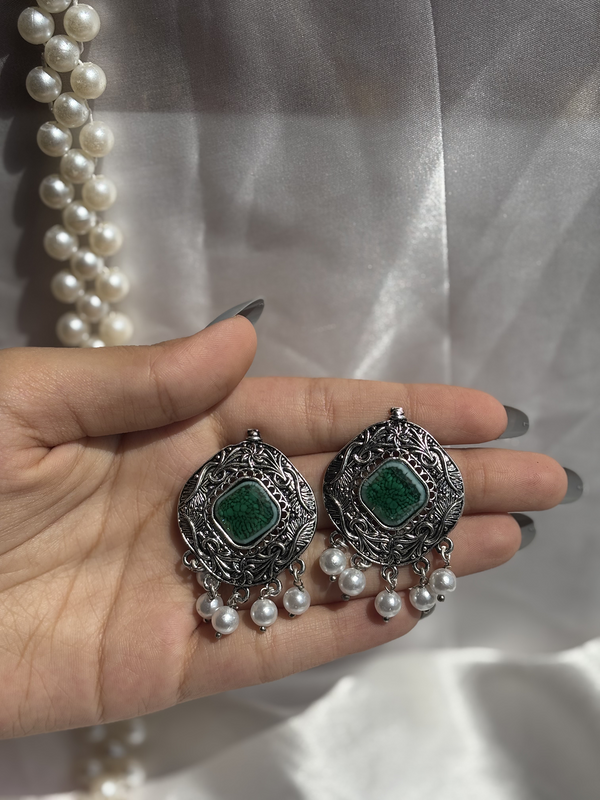 Intricate Pattern Green Oxidized Silver