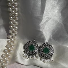 Intricate Pattern Green Oxidized Silver Earrings