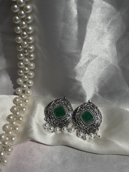 Intricate Pattern Green Oxidized Silver Earrings