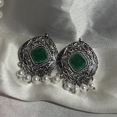 Intricate Pattern Green Oxidized Silver Earrings