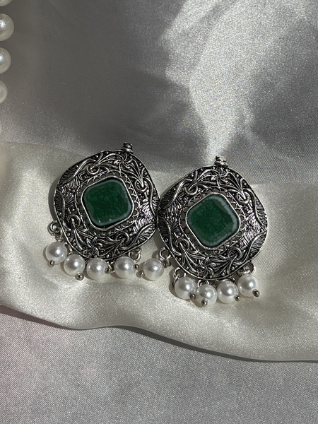 Intricate Pattern Green Oxidized Silver Earrings