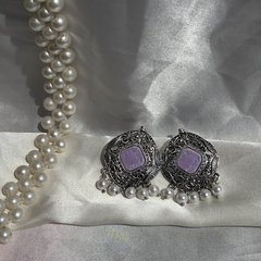 Intricate Pattern Lavender Oxidized Silver Earrings