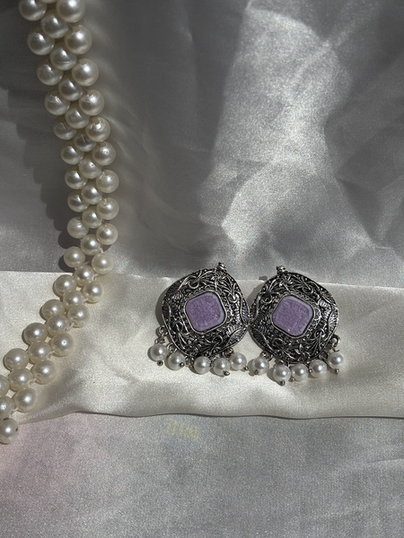 Intricate Pattern Lavender Oxidized Silver Earrings