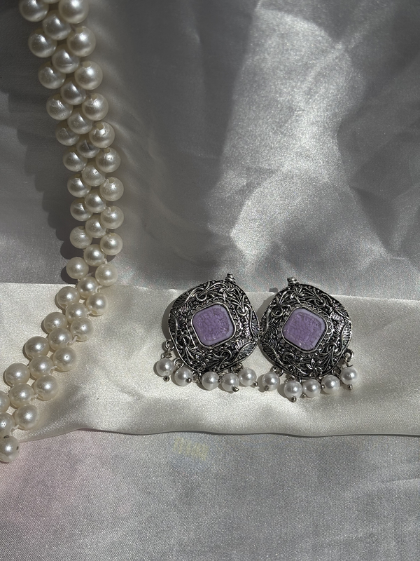 Intricate Pattern Lavender Oxidized Silver Earrings