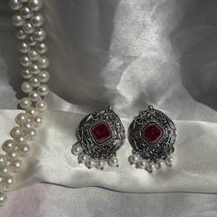 Intricate Pattern Mehroon Oxidized Silver Earrings