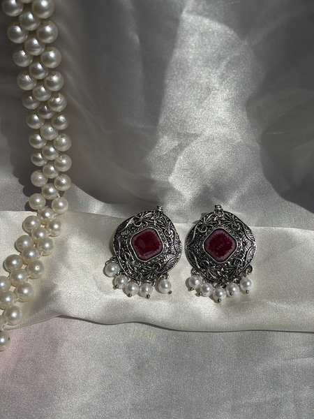 Intricate Pattern Mehroon Oxidized Silver Earrings