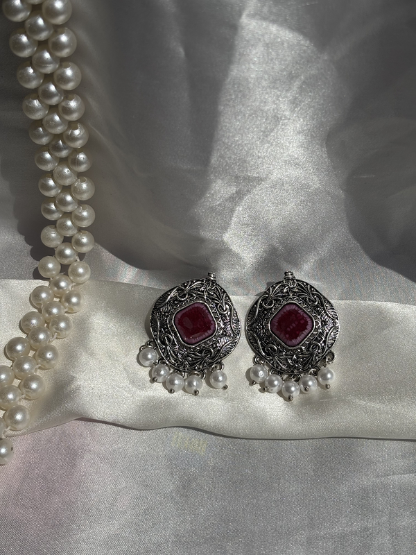 Intricate Pattern Mehroon Oxidized Silver Earrings