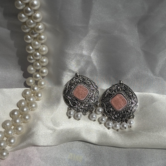Intricate Pattern Peach Oxidized Silver Earrings 