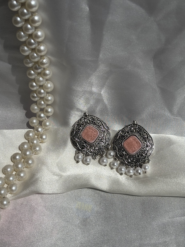Intricate Pattern Peach Oxidized Silver Earrings 