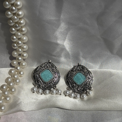 Intricate Pattern Sky Blue Oxidized Silver Earrings