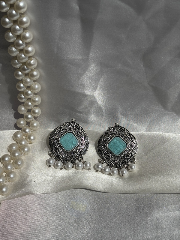 Intricate Pattern Sky Blue Oxidized Silver Earrings