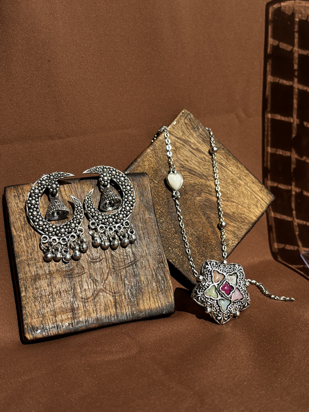 Oxidised Silver Jewellery Set – Jhumka, Bracelet, Necklace + Surprise