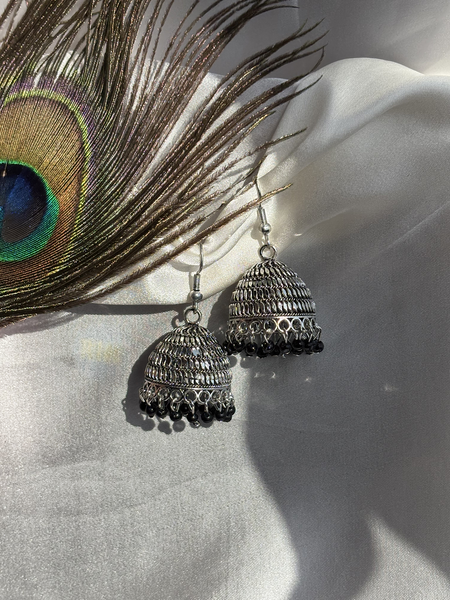 Oxidized Silver Black Jhumka Earrings 
