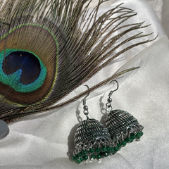 Oxidized Silver Green Jhumka Earrings 