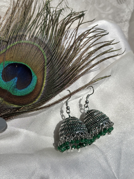 Oxidized Silver Green Jhumka Earrings 
