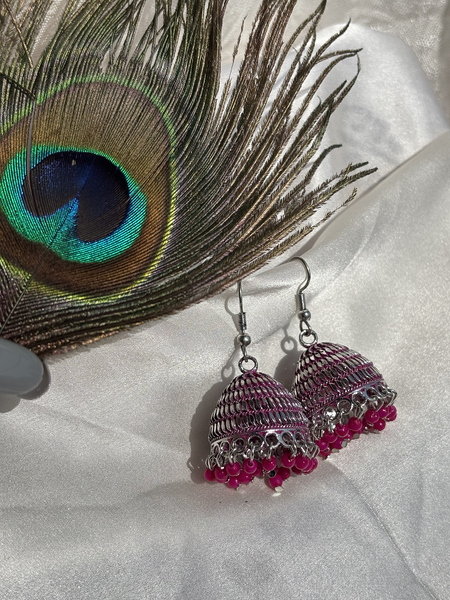 Oxidized Silver Pink Jhumka Earrings 