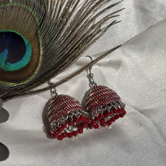 Oxidized Silver Red Jhumka Earrings 