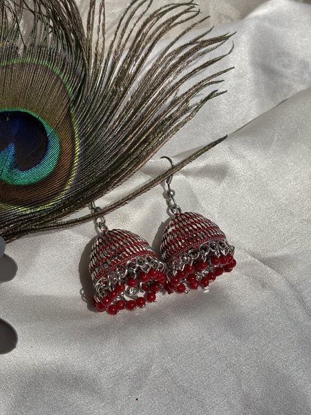Oxidized Silver Red Jhumka Earrings 