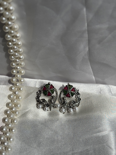 Peacock Bloom Oxidized Silver Earrings – Kridha