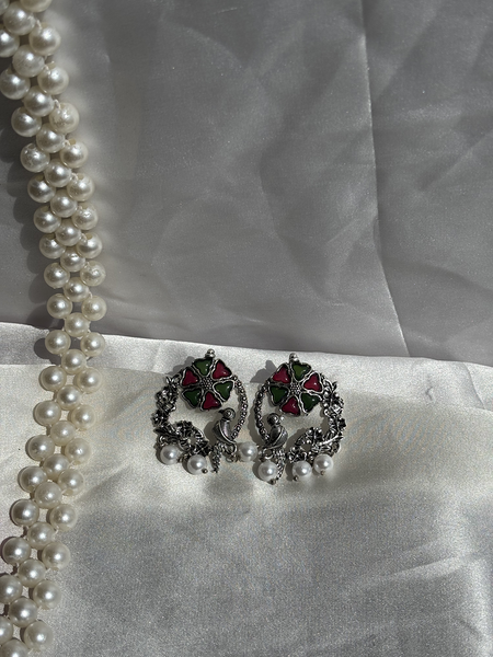 Peacock Bloom Oxidized Silver Earrings – Kridha