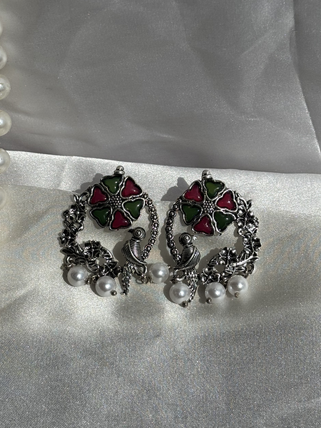 Peacock Bloom Oxidized Silver Earrings – Kridha