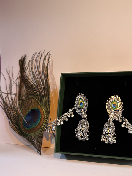 Peacock Chandbali Oxidized Silver Jhumka Earrings – Kridha